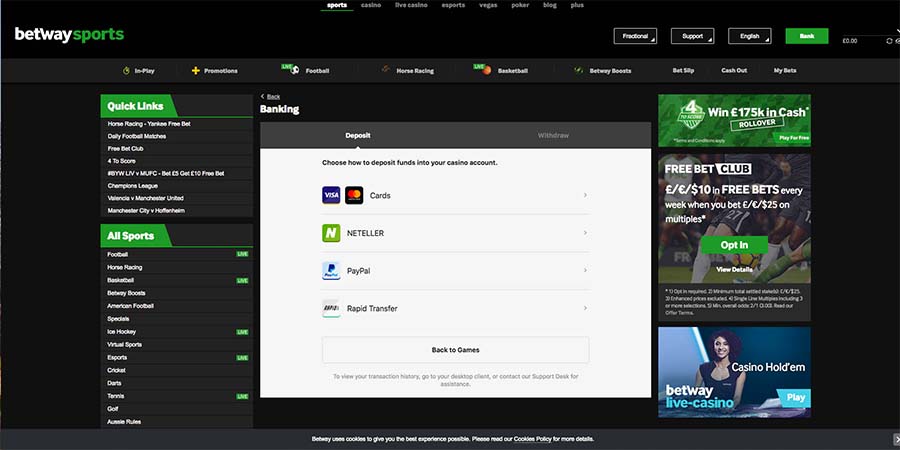 Banking section at Betway Sports