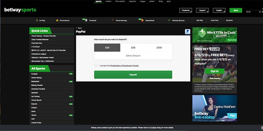 Deposit with PayPal at Betway Sports