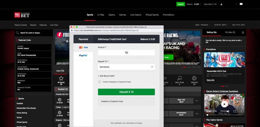 Deposit with PayPal at Mansion Bet