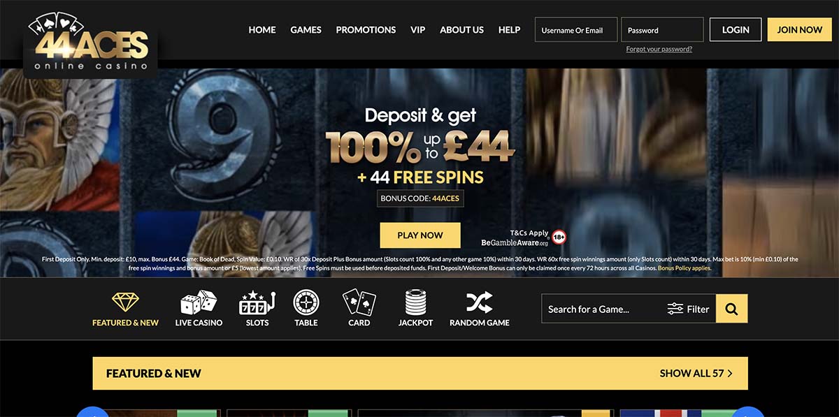 Homepage of 44Aces Casino